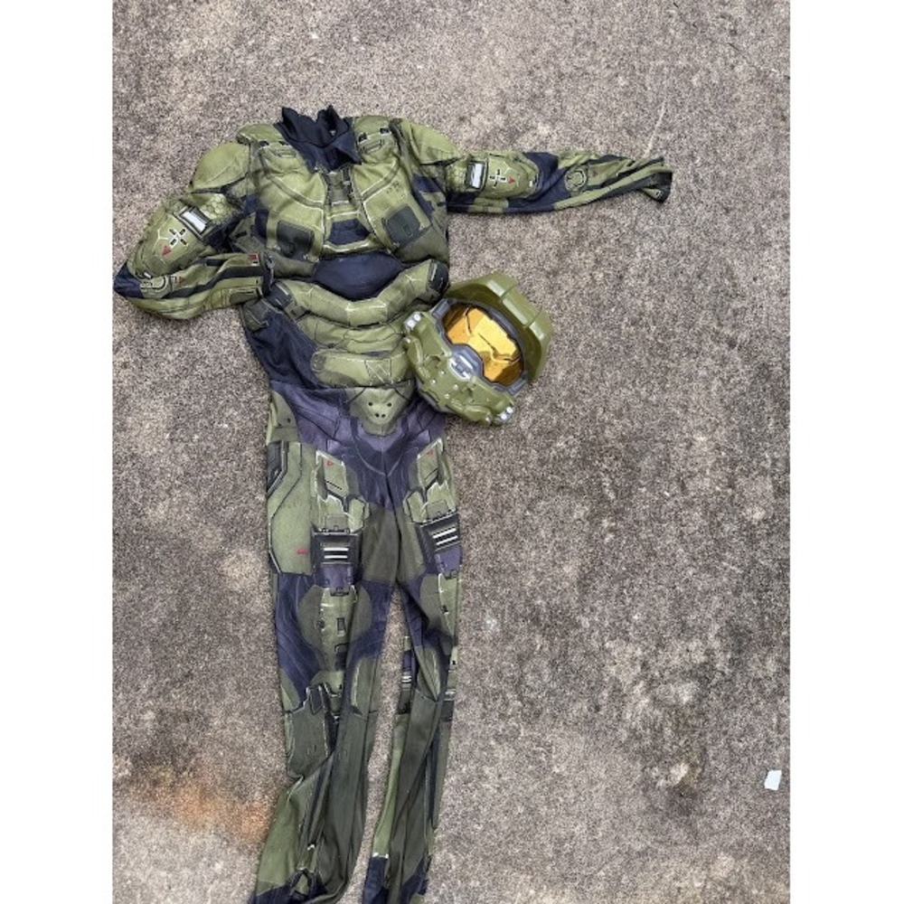 Halo Master Chief Spartan Costume Kids Size M Green Muscle Padded Jumpsuit Mask